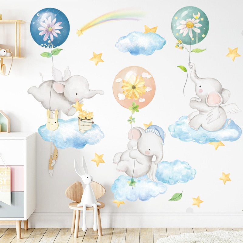 Adesivi murali elefante cartone animato per la camera dei bambini Decorazioni murali per la scuola materna Decalcomanie murali in vinile ecologico in PVC Adesivo murale Decorazioni per la casa