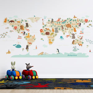 Adesivi murali mappa animali dei cartoni animati per camera dei bambini Camera da letto Decorazione della parete della scuola materna Decalcomanie da muro in vinile PVC Murales di arte Decorazione della casa