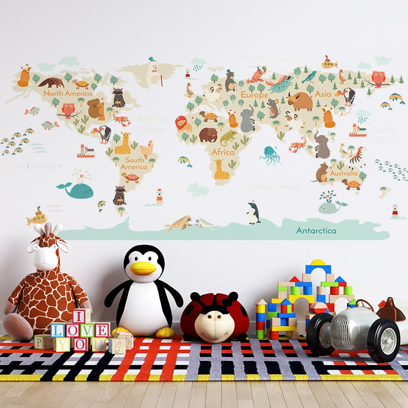 Pegatinas de pared con mapa de animales de dibujos animados para habitación de niños, decoración de pared de guardería, vinilo, calcomanías de pared de PVC, murales de arte, decoración del hogar