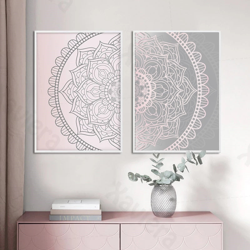 Póster de lienzo abstracto con Mandala rosa y gris degradado, arte de pared bohemio, cuadro decorativo, decoración moderna para sala de estar