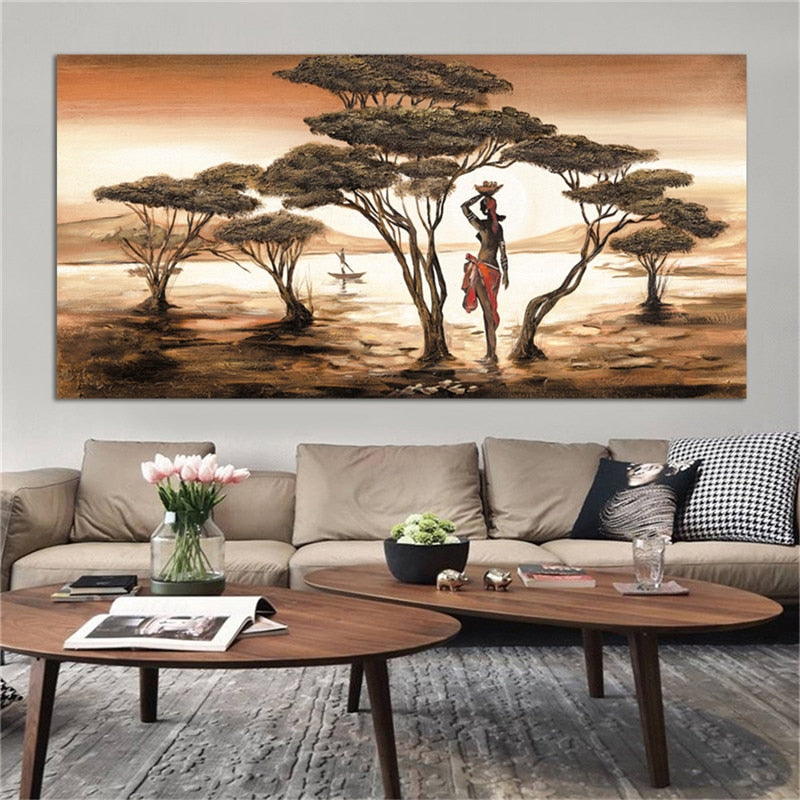 African Art Landscape and Woman Canvas Prints Big Size Home Living Room Cuadros Canvas Wall Painting Decorative Wall Pictures