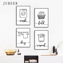 Load image into Gallery viewer, Laundry Shop Wash Dry Press Poster Sign Wall Art Pictures Decor Black White Prints Canvas Painting for Bathroom Cuadros