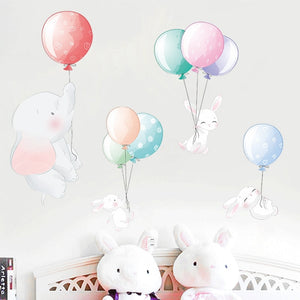 Pegatinas de pared de elefante con globo Multicolor de dibujos animados para habitaciones de niños, decoración de pared de jardín de infantes, calcomanías de vinilo de conejo para pared, decoración del hogar