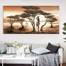 Laden Sie das Bild in den Galerie-Viewer, Afrikanische Kunst Landschaft und Frau Leinwanddrucke Big Size Home Wohnzimmer Cuadros Leinwand Wandmalerei Dekorative Wandbilder