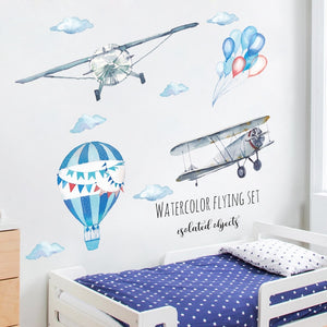 Cartoon Hand Painted Aircraft Kids room Bedroom Wall Sticker Hot air balloon Wall Decal Removable Vinyl Mural Art Wall Poster
