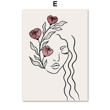 Cargar imagen en el visor de la galería, Cuadro sobre lienzo para pared de niña con cuerpo de flor de línea dibujada, carteles nórdicos abstractos e impresiones, imágenes de pared para decoración para las paredes del salón