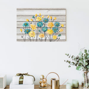 Lienzo de flores azules y amarillas, arte de pared, tablero de madera, decoración de fondo