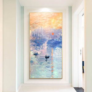Paisaje del amanecer de Monet 100% pintura al óleo pintada a mano pasillo minimalista moderno pintura colgante luz mural de lujo pintura de decoración del porche