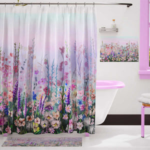 Cortina de ducha floral púrpura rosa para baño Flores coloridas Plantas de flores silvestres románticas Bañeras Decoración Tela de poliéster impermeable Conjunto de cortina de ducha