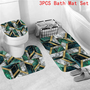 Geometrischer Marmordruck Duschvorhang Badematte Set Weicher Teppich Anti-Rutsch-Teppich Toilettendeckelabdeckung Badezimmervorhang Moderne Wohnkultur