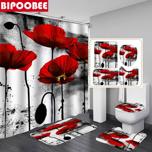 Cherry Blossoms Print Fabric Shower Curtains Bathroom Curtain Set Flower Anti-skid Rugs Carpet Toilet Lid Cover Bath Mat Sets