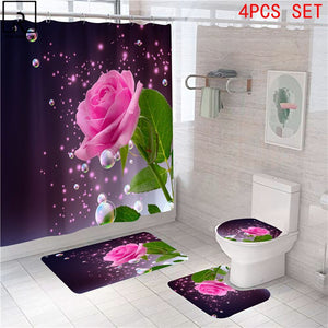 Rideau de douche imprimé rose rouge rose bleu avec crochets, ensemble de tapis de salle de bain anti-dérapant doux tapis de bain amoureux Saint Valentin décoration de la maison