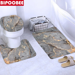 Abstract Marble Shower Curtain Crack Gold Texture Luxury Stone Grain Bathroom Curtains Toilet Cover and Bath Mat Non-Slip Rug