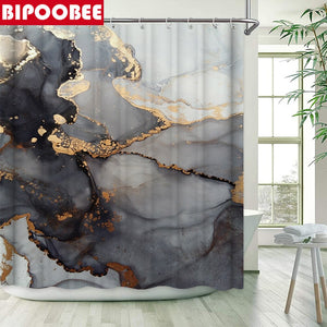Abstrakter Marmor-Duschvorhang mit Crack-Gold-Textur, Luxus-Steinmaserung, Badezimmervorhänge, Toilettenabdeckung und Badematte, rutschfester Teppich