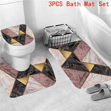 Cargar imagen en el visor de la galería, Cortina de ducha con estampado de mármol geométrico, juego de alfombrillas de baño, alfombra suave antideslizante, cubierta de tapa de inodoro, cortina de baño, decoración moderna para el hogar