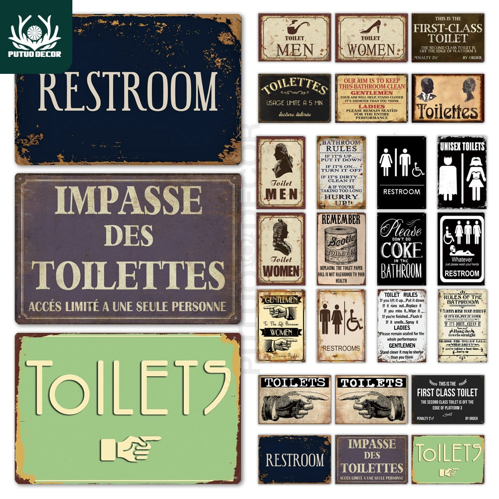 Putuo décor toilette signe Plaque métal Vintage salle de bain rétro étain signes mur Art Plaque pour maison toilettes maison fer peinture