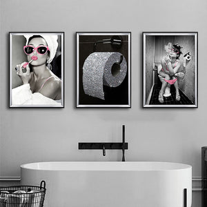 Модный женский холст для губ, постер с бриллиантами, рулон туалетной бумаги, настенная художественная печать, живопись, современная картина для ванной комнаты, украшение дома