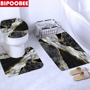 Rideau de douche en marbre abstrait Crack Texture dorée Rideaux de salle de bain en grain de pierre de luxe Couverture de toilette et tapis de bain Tapis antidérapant