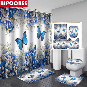 Duschvorhänge aus Stoff mit Kirschblütendruck, Badezimmervorhang-Set, Blume, rutschfeste Teppiche, Teppich, Toilettendeckel, Badematten-Sets