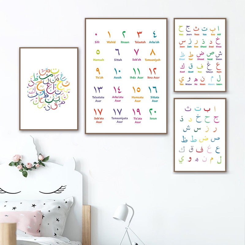 Arabic Islamic Wall Art Canvas Painting Arabic Letters Alphabets Numerals Poster Prints Nursery Kids Room Wall Art Decor