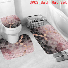 Cargar imagen en el visor de la galería, Cortina de ducha con estampado de mármol geométrico, juego de alfombrillas de baño, alfombra suave antideslizante, cubierta de tapa de inodoro, cortina de baño, decoración moderna para el hogar