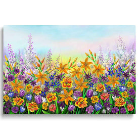 Toile d'art mural fleurs jaunes violettes imprimé floral coloré