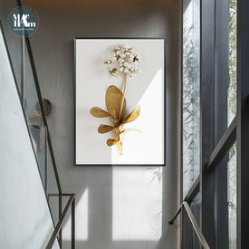 Cuadro sobre lienzo para pared con hojas y flores de plantas doradas, cuadros de pared para sala de estar, cuadros de decoración nórdica, decoración moderna