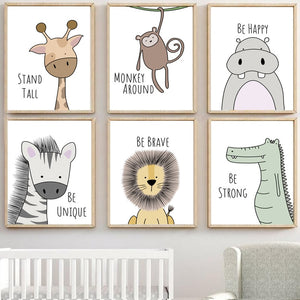 Cute Cartoon Animal Decorative Picture Be Brave Be Strong Children's Room Kindergarten Frameless Canvas Painting Wall Art Kids