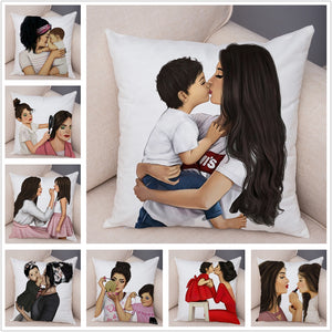 Super Mom Pillow Case Short Plush Decor Cartoon Super Mama and Baby Cushion Cover for Sofa Home Car Pillowcase Pillow Case 45*45