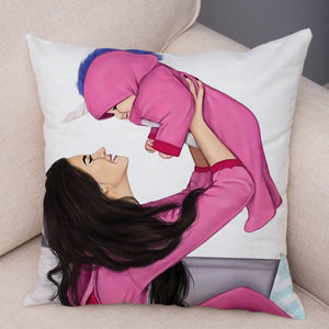Super Mom Pillow Case Short Plush Decor Cartoon Super Mama and Baby Cushion Cover for Sofa Home Car Pillowcase Pillow Case 45*45