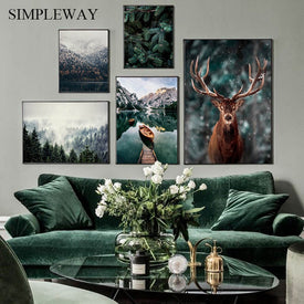Nordic Nebbia Foresta Cervo Animale Tela Wall Art Print Pittura Montagna Lago Paesaggio Poster Natura Immagine decorativa Home Decor