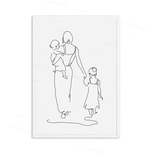 Mutter und Töchter Sohn Kunst Strichzeichnung Poster Abstrakte minimalistische Wandkunst Leinwanddruck Malerei Moder dekorative Bilder