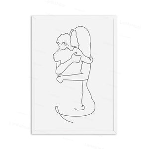 Mother And Daughters Son Art Line Drawing Posters Abstract Minimalist Wall Art Canvas Print Painting Moder Decorative Pictures