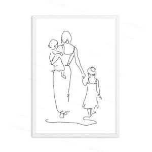 Mother And Daughters Son Art Line Drawing Posters Abstract Minimalist Wall Art Canvas Print Painting Moder Decorative Pictures