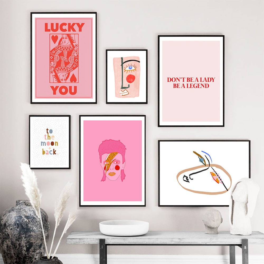Nordic Abstract Poster Line Face Canvas Painting Wall Art Pink Style Letter Lucky You Pictures For Living Room Modern Decorative