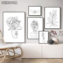 Cargar imagen en el visor de la galería, Arte de línea femenina, impresiones en blanco y negro, pared de galería, lienzo minimalista, pintura de cabeza de flor, arte de pared, póster, imagen, decoración de dormitorio