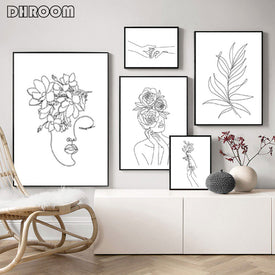 Arte de línea femenina, impresiones en blanco y negro, pared de galería, lienzo minimalista, pintura de cabeza de flor, arte de pared, póster, imagen, decoración de dormitorio