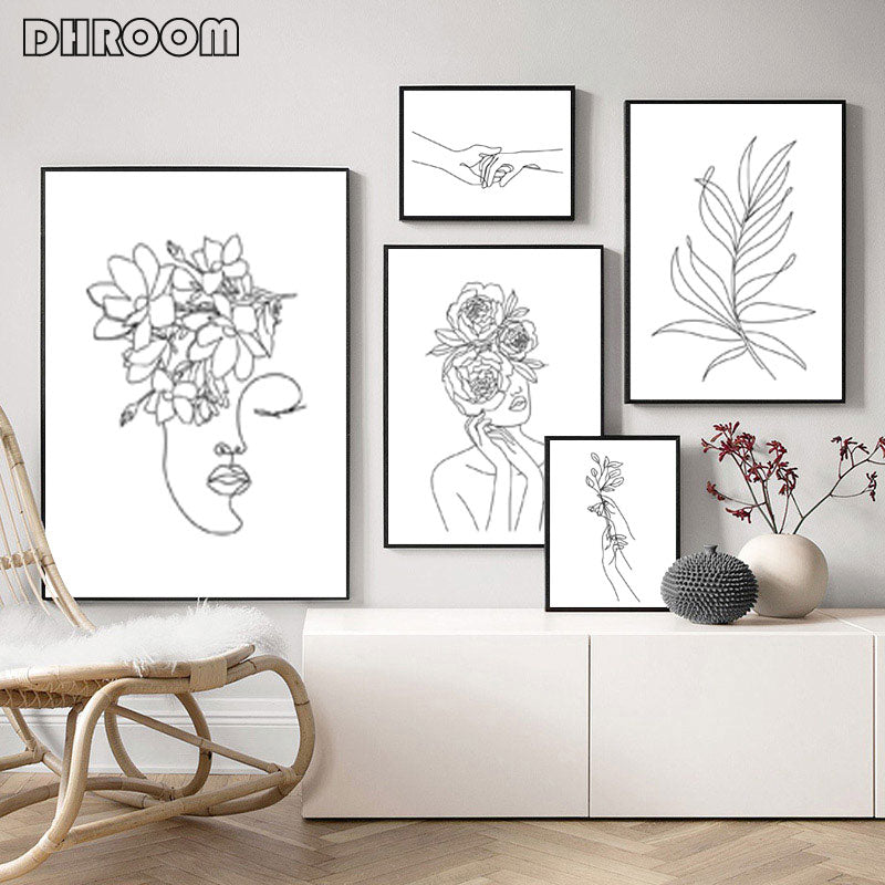Female Line Art Black and White Prints Gallery Wall Minimalist Canvas Painting Flower Head Wall Art Poster Picture Bedroom Decor