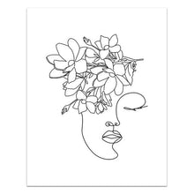 Cargar imagen en el visor de la galería, Arte de línea femenina, impresiones en blanco y negro, pared de galería, lienzo minimalista, pintura de cabeza de flor, arte de pared, póster, imagen, decoración de dormitorio