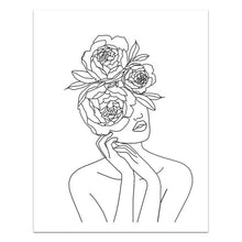 Cargar imagen en el visor de la galería, Arte de línea femenina, impresiones en blanco y negro, pared de galería, lienzo minimalista, pintura de cabeza de flor, arte de pared, póster, imagen, decoración de dormitorio