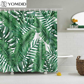Cortina de ducha de plantas tropicales verdes, cortina de ducha de poliéster impermeable para baño, cortinas de baño con estampado 3d de hojas con 12 ganchos