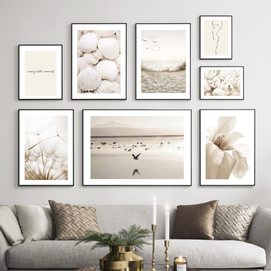 Concha blanca playa flor diente de león cuadro sobre lienzo para pared carteles nórdicos e impresiones cuadros de pared para sala de estar decoración del hogar