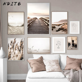 Scandinavo Natura Paesaggio Tela Pittura Erba Ponte Spiaggia Tramonto Wall Art Poster Stampa nordica Immagine moderna Home Decor