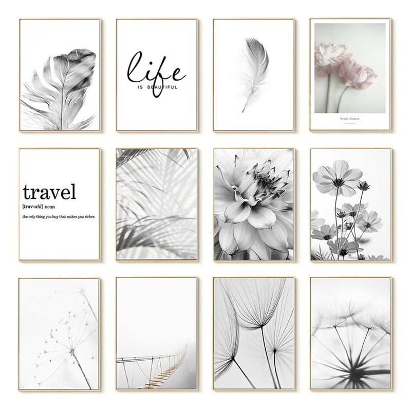 Posters Black And White Flower Print Fresh Wall Art Feather Dandelion Pictures Canvas Living Room Decoration Wall Paintings