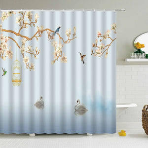 Chinesische Art-Blumen-Vogel-Duschvorhänge, wasserdichter Badezimmervorhang, 3D-gedruckter Stoff, mit Haken, Dekoration, Duschvorhang, Whatarter