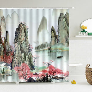 Style chinois fleur oiseau rideaux de douche étanche salle de bain rideau 3d imprimé tissu avec crochets décoration rideau de douche, Whatarter