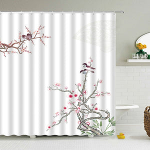 Tende da doccia per uccelli in fiori in stile cinese Tenda da bagno impermeabile Tessuto stampato in 3D con ganci Decorazione Tenda da doccia, Whatarter