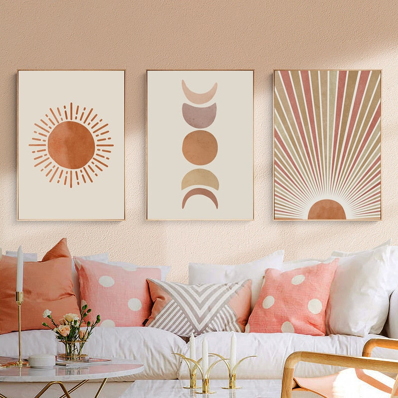 Paisaje abstracto sol y luna escena Boho lienzo impresiones pintura pared arte imágenes carteles para sala de estar decoración del hogar sin marco