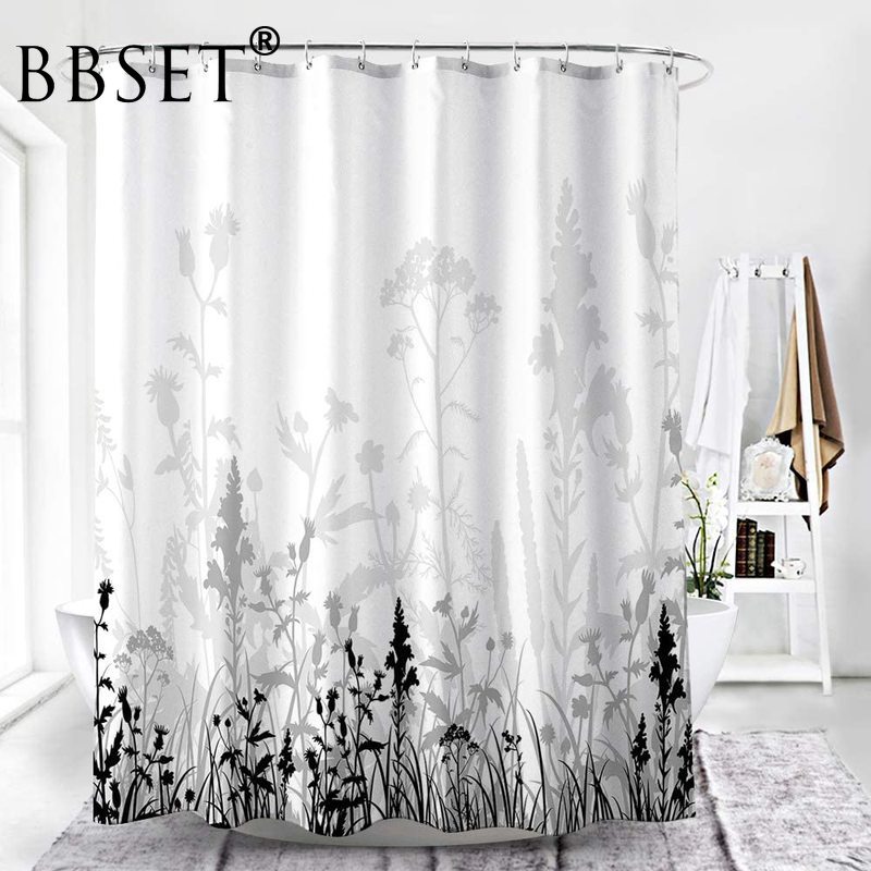 Flower Shower Curtain Leave Plants Backdrop with Floral White Black Pattern Waterproof Multi-size Cortina De Bano Bathroom Decor