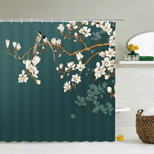 Cargar imagen en el visor de la galería, Cortinas de ducha de árbol de flores y pájaros, cortina de baño, decoración de baño impermeable con ganchos, cortina de baño con impresión 3d
